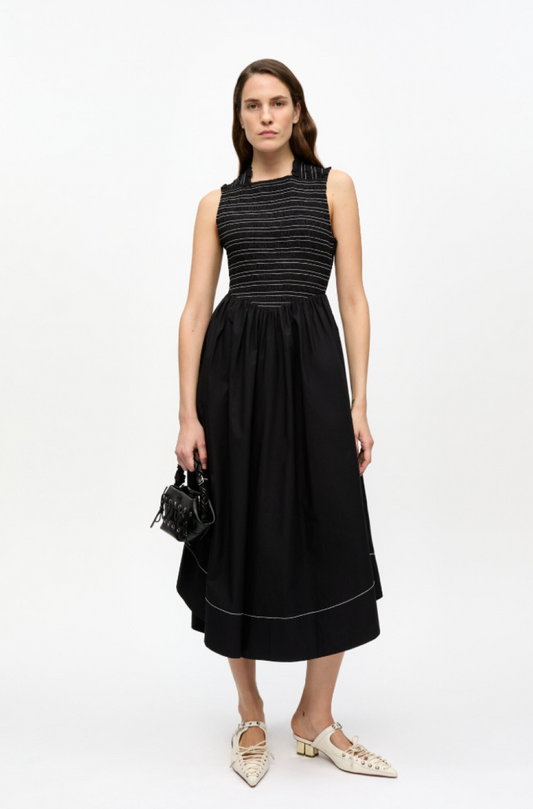 Ganni Washed Stretch Cotton Smock Midi Dress - Black
