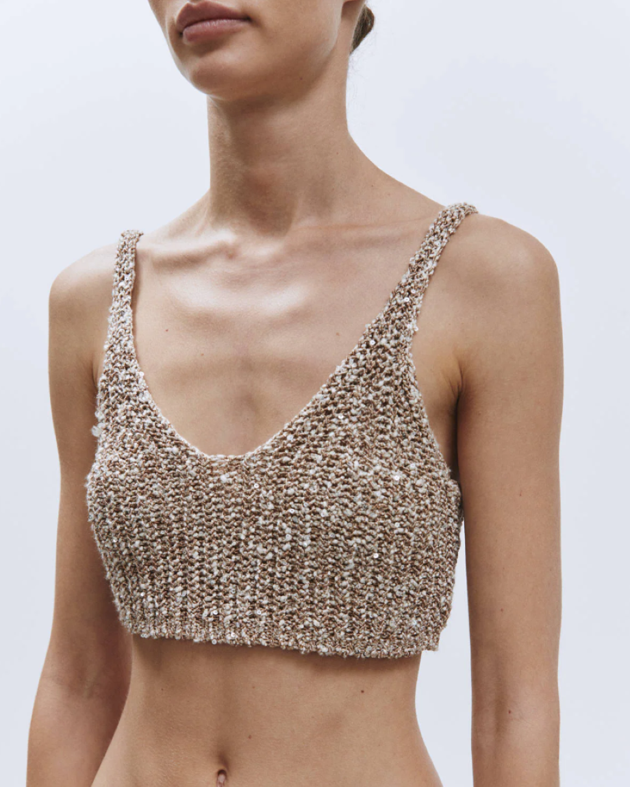 Alysi Sequined Knitted Crop Top - Walnut Melange