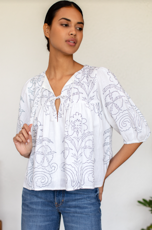 Emerson Fry Maeve Print Puff Isla Top - Off White