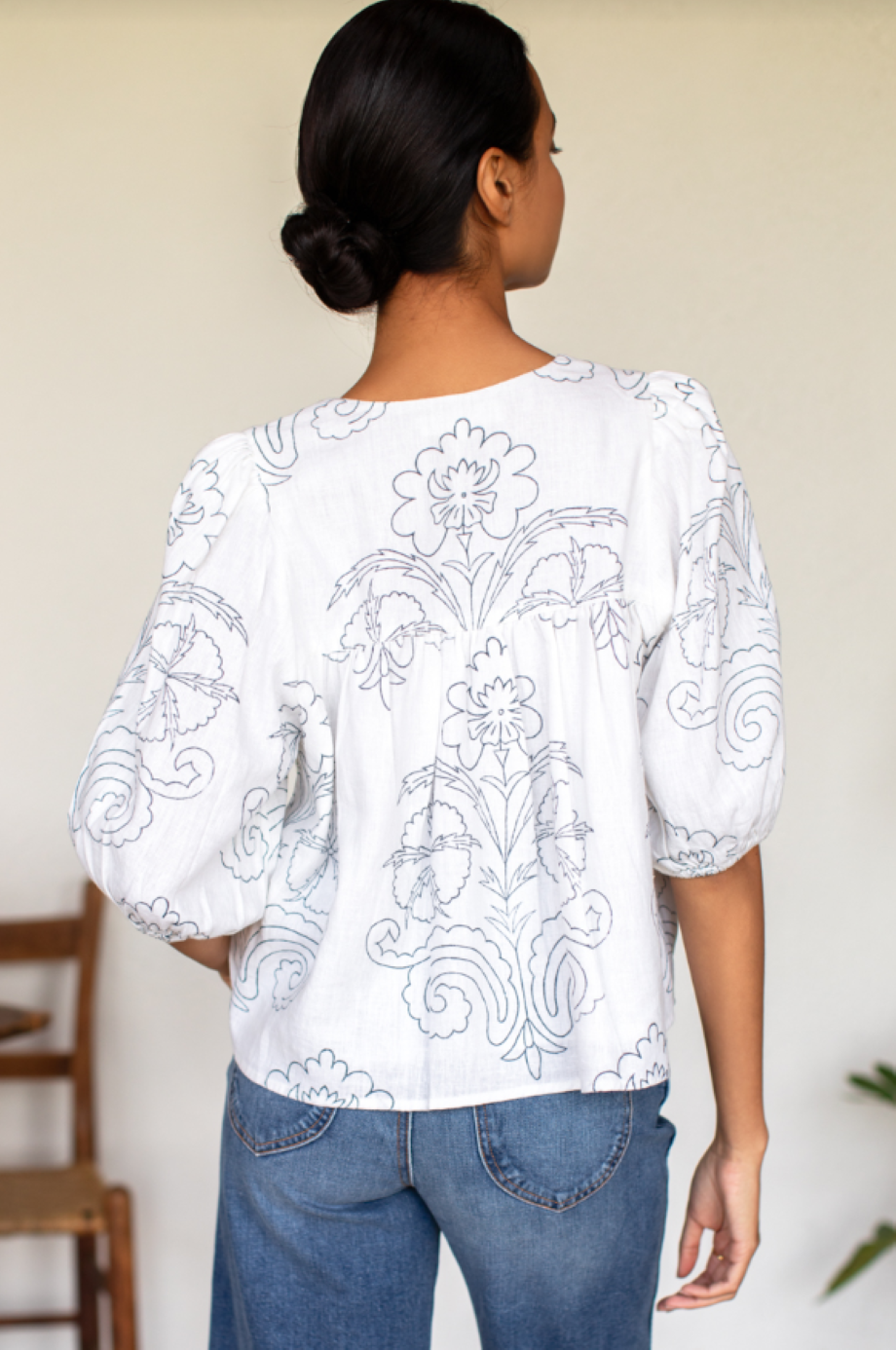 Emerson Fry Maeve Print Puff Isla Top - Off White