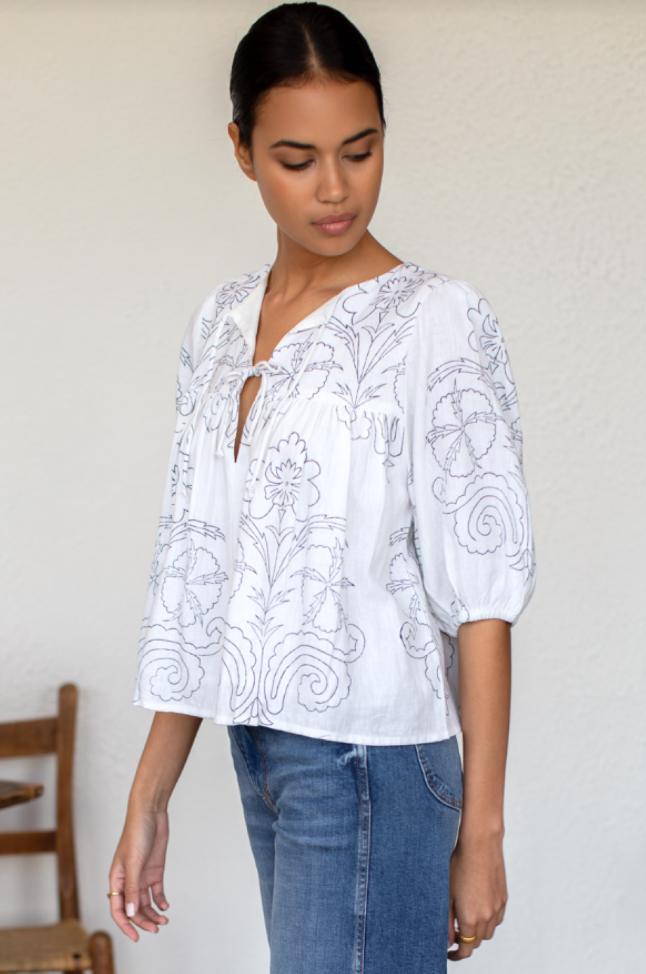 Emerson Fry Maeve Print Puff Isla Top - Off White