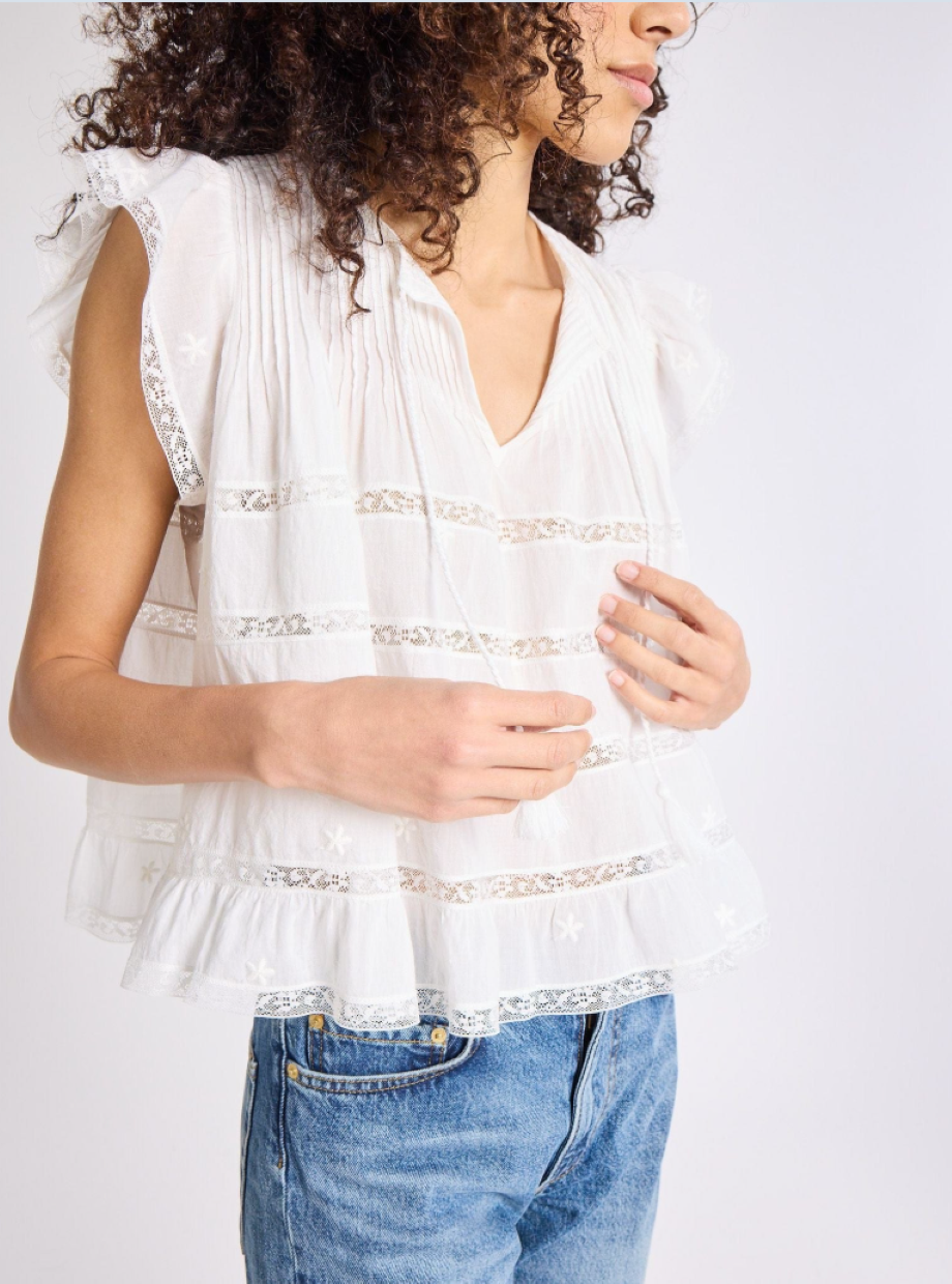 Mille Maria Top w/Lace & Embroidery - White