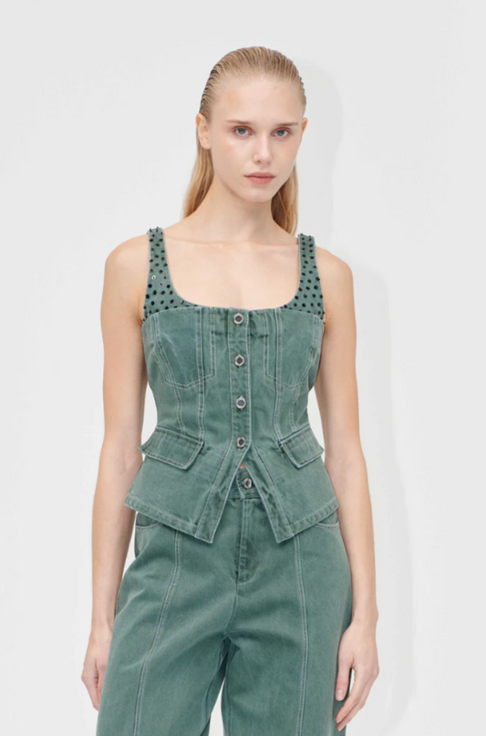 Stine Goya Scoopneck Denim Pockets Vest - Dark Green