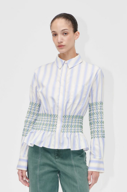 Stine Goya Smocked Cotton Gathered Boyfriend Shirt - Pastel Striped