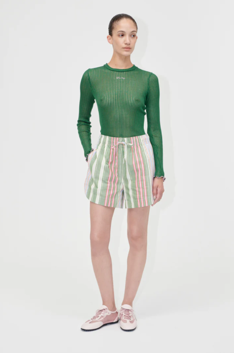 Stine Goya Striped Cotton Structured Shorts - Forest Stripe