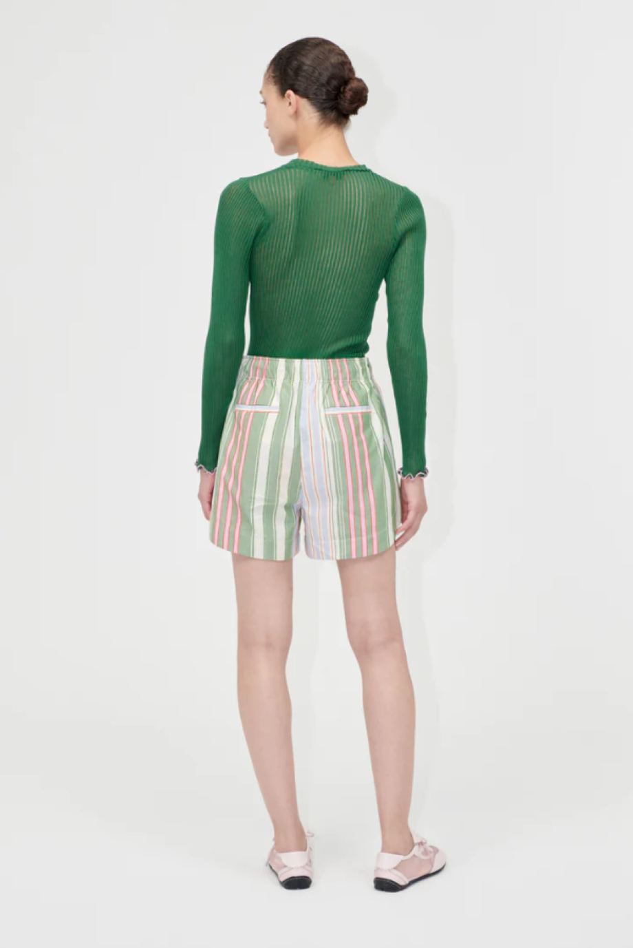 Stine Goya Striped Cotton Structured Shorts - Forest Stripe
