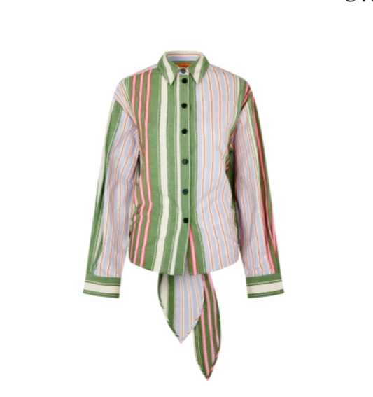 Stine Goya Striped Cotton Tie Back Boyfriend Shirt - Forest Stripe