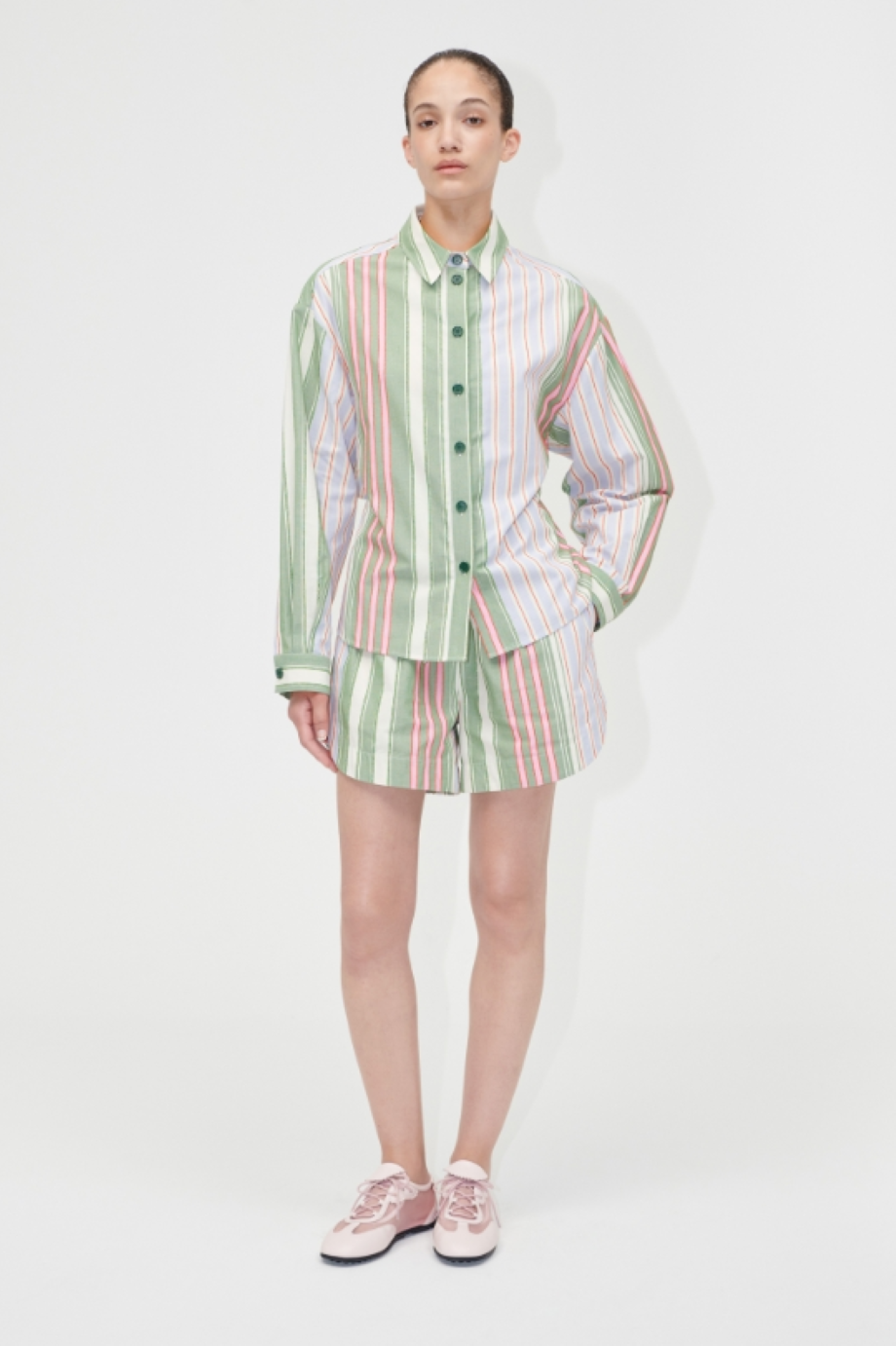 Stine Goya Striped Cotton Structured Shorts - Forest Stripe