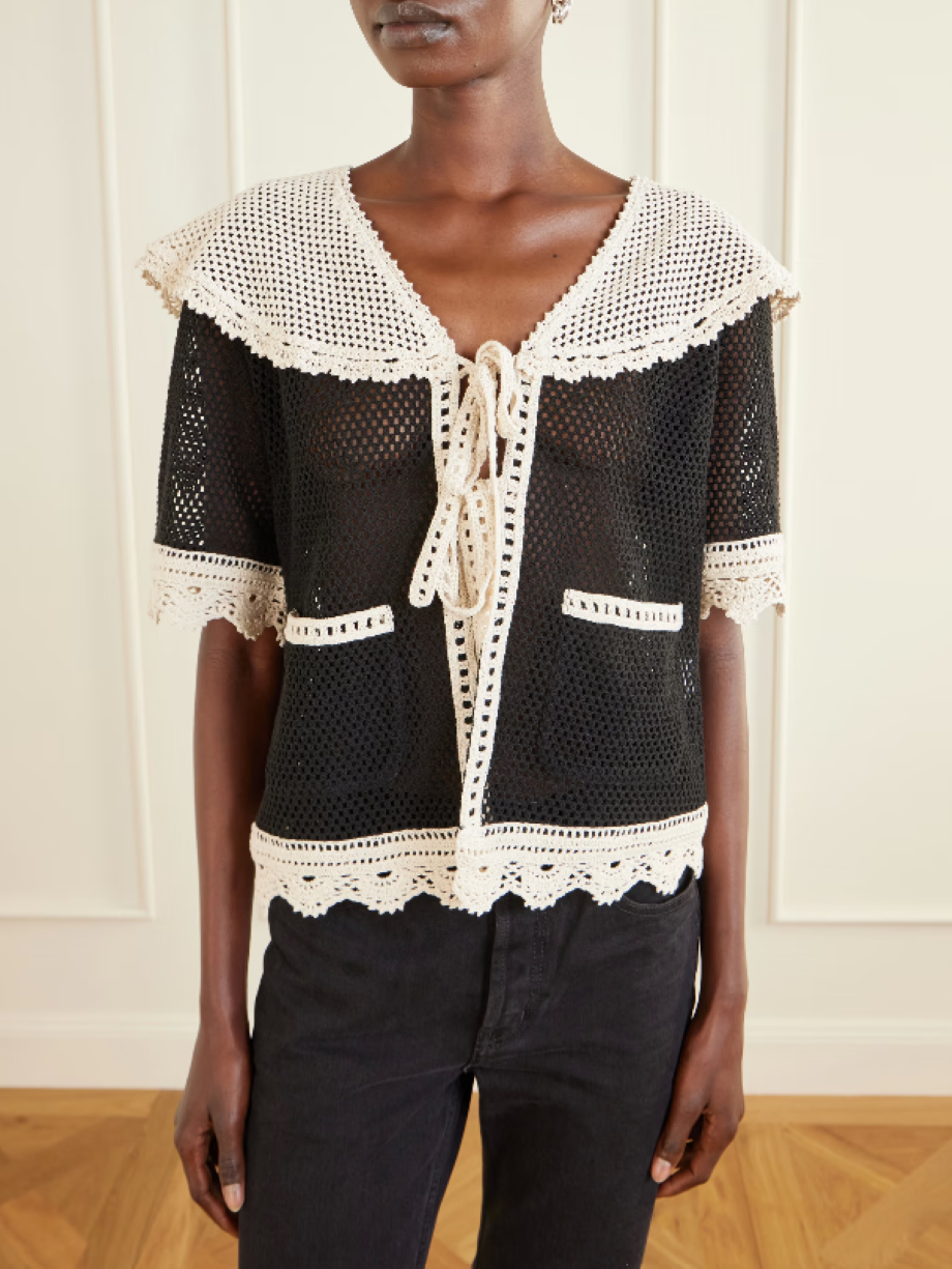 Sea-NY Kendall Crochet Tie Front Top - Black