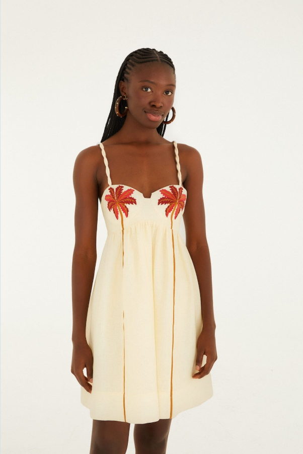 Farm Rio Coconut Tree Embroidered Mini Dress - Sand