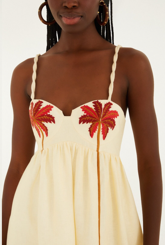 Farm Rio Coconut Tree Embroidered Mini Dress - Sand