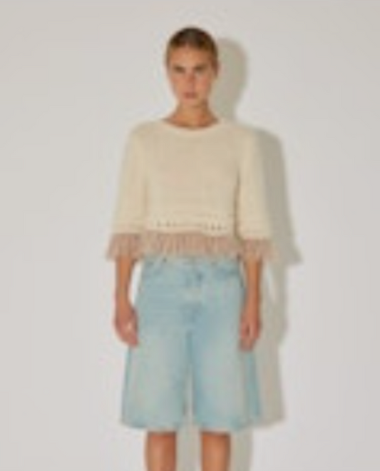Maiami Alpaca Top with Fringes - Creme