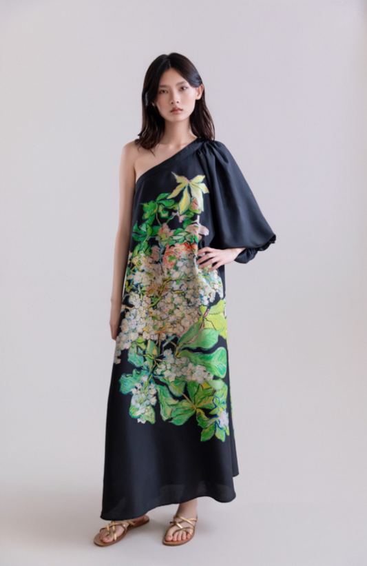 Psophia Printed Habotai Silk Dress - Black