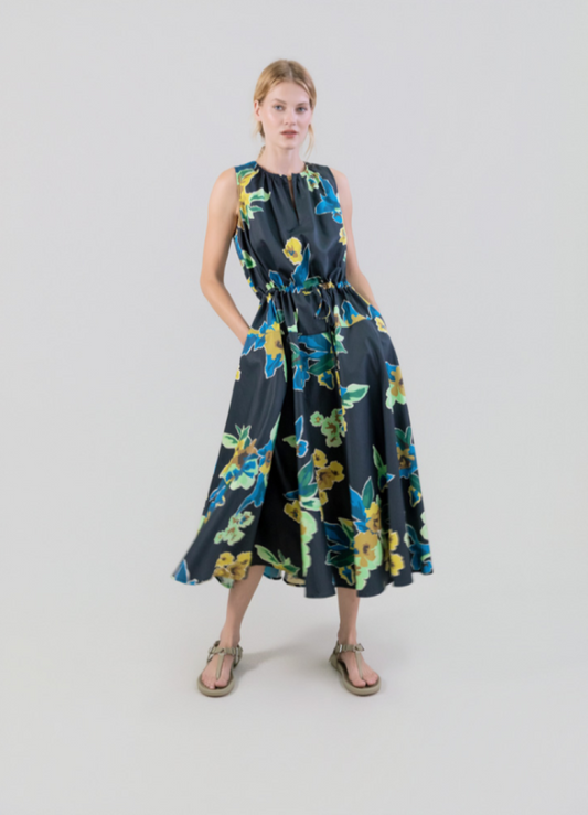 Psophia Printed Cotton Satin Dress - Black