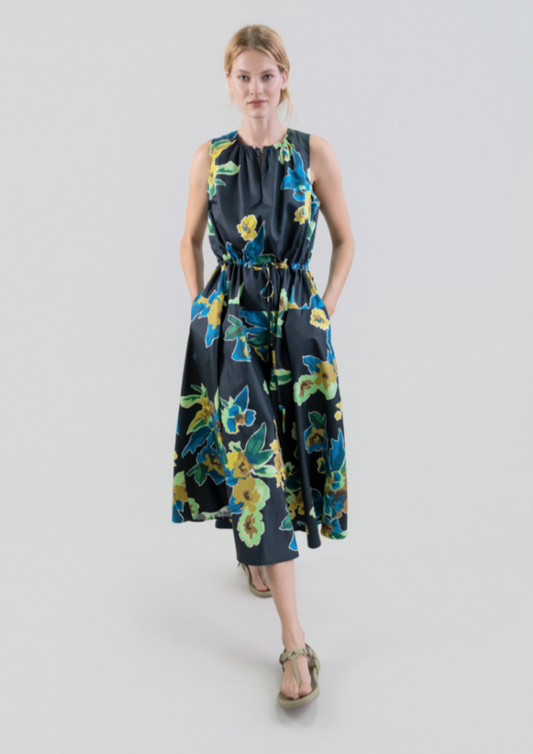 Psophia Printed Cotton Satin Dress - Black