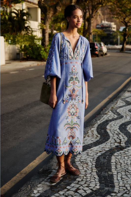 Farm Rio Garden Tapestry Embroidered Midi Dress - Blue
