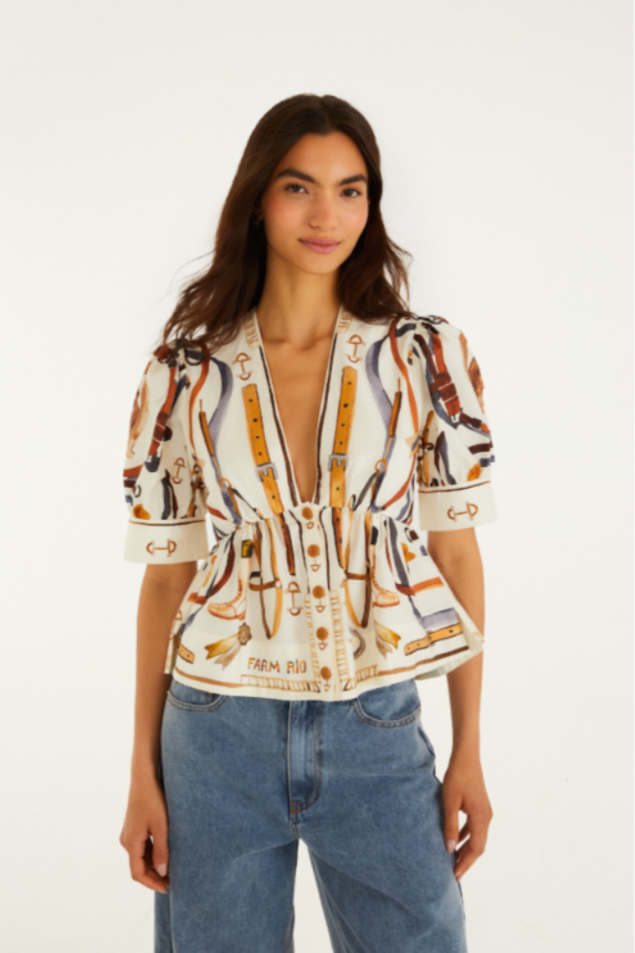 Farm Rio Equestrian Scarf Blouse - Winter White
