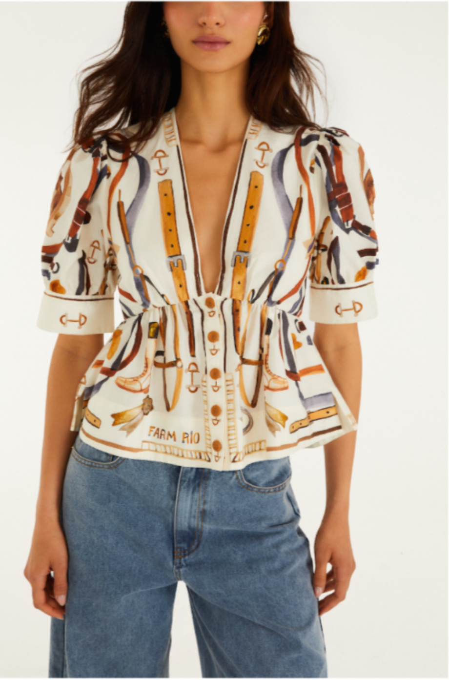Farm Rio Equestrian Scarf Blouse - Winter White