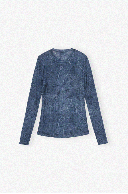 Ganni Printed Mesh Long Sleeve Crew Neck Top - Denim Blue
