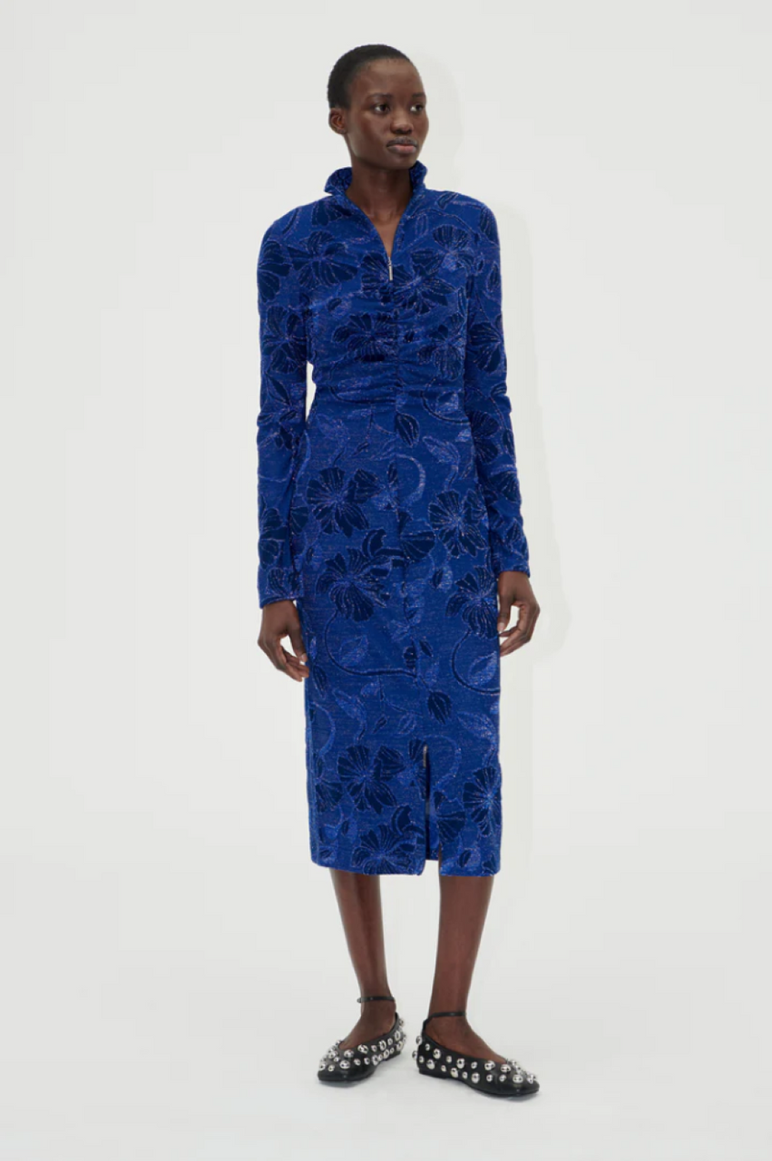 Stine Goya Gathered Long Sleeve Midi Dress - Blue CHAMMOMILE Stine Goya Gathered Long Sleeve Midi Dress - Blue CHAMMOMILE