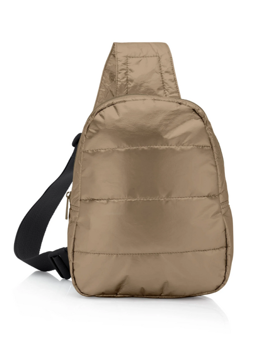 Hi, Love Puffer Crossbody Backpack - Shimmer Bronze