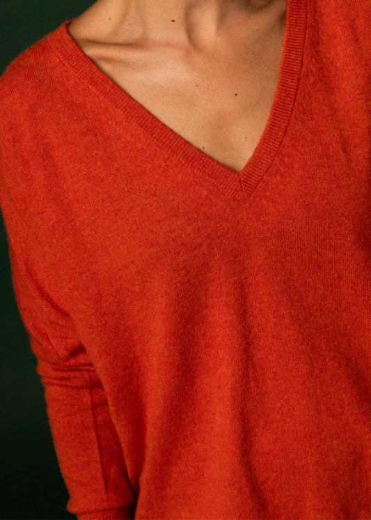 Stone V-Neck Cashmere Sweater - Burnt Orange