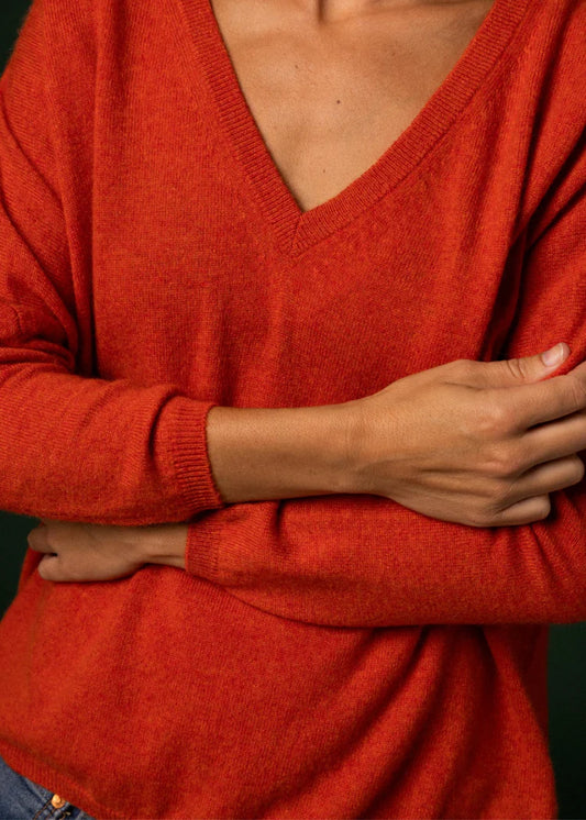 Stone V-Neck Cashmere Sweater - Burnt Orange