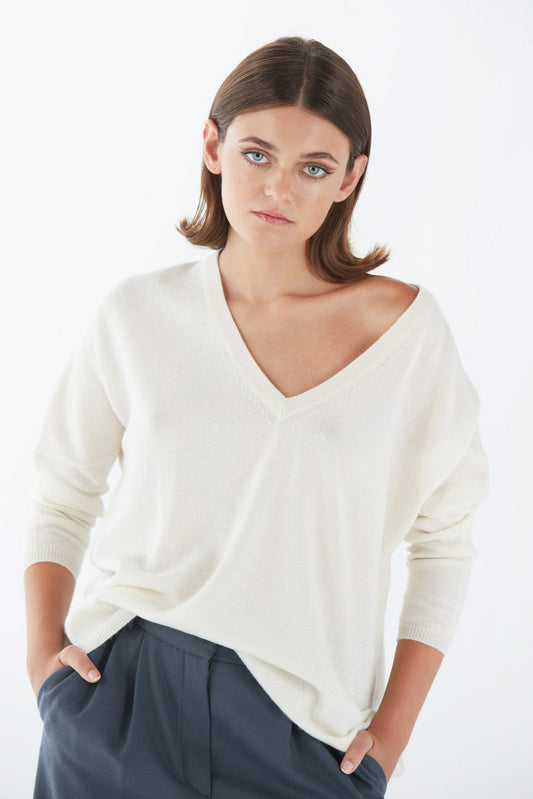 Stone V-Neck Cashmere Sweater - Warm White