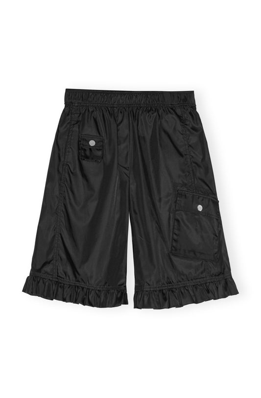 Ganni Duchesse Nylon Midi Ruffle Shorts - Black