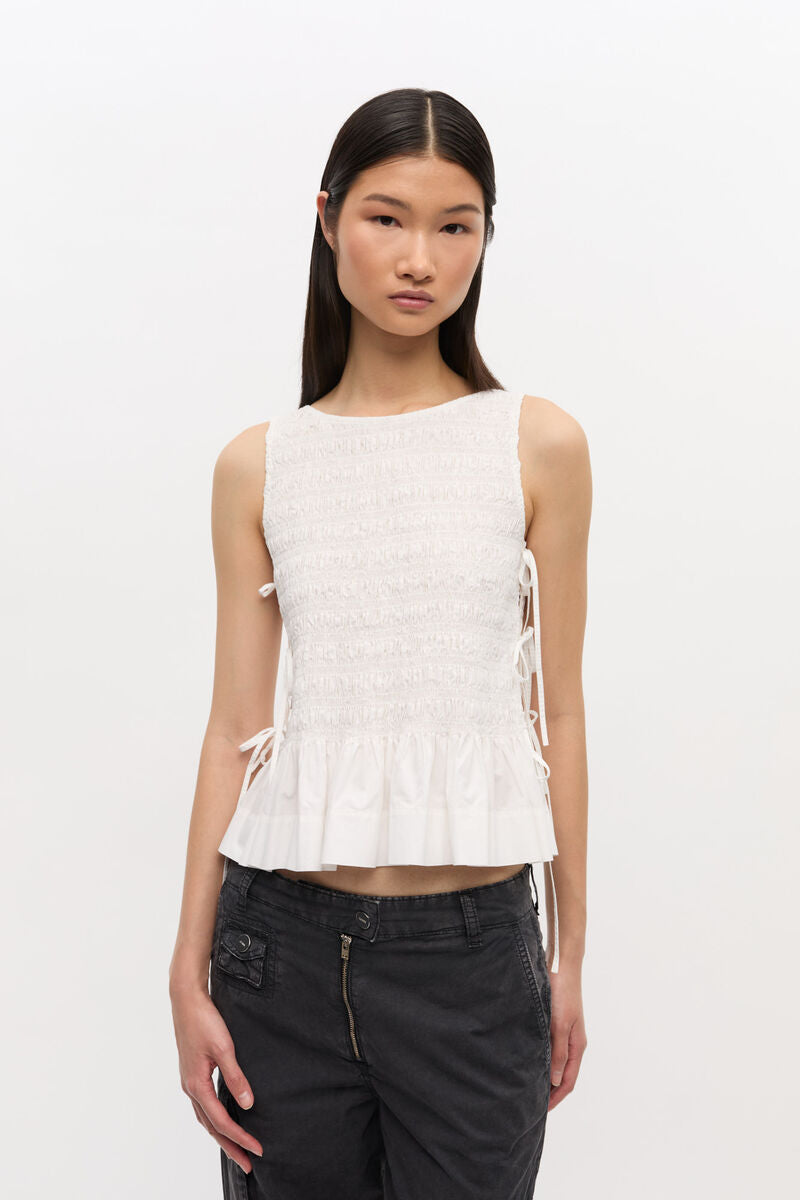 Ganni Cotton Poplin Tie String Top - Bright White