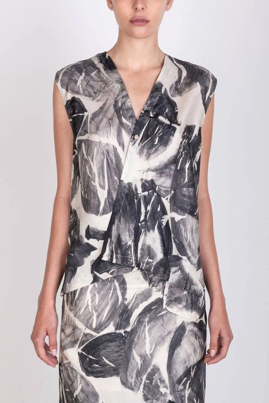 Alysi Brushed Print Silk Crossover Top - Black