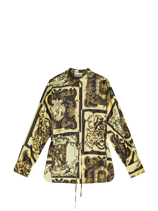Ganni Printed Silk Twill Long Sleeve Shirt - Popcorn