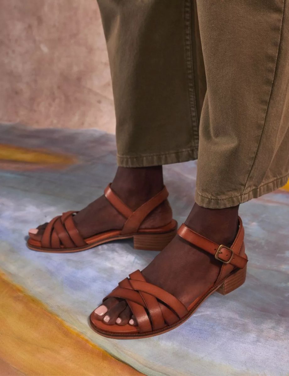 Penelope Chilvers Heeled Shepherdess Leather Sandal - Tan