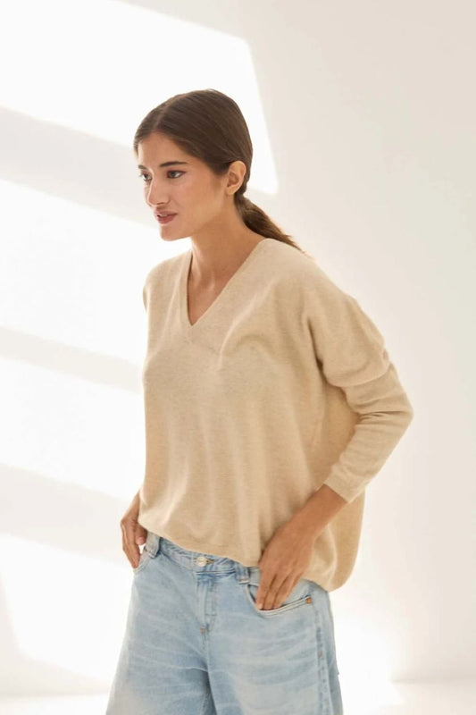 Stone V-Neck Cashmere Sweater - Beige