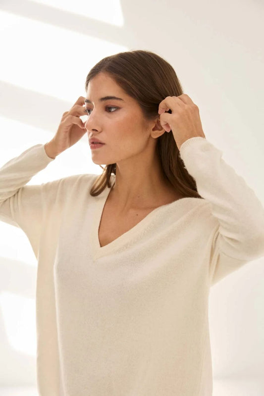 Stone V-Neck Cashmere Sweater - Warm White