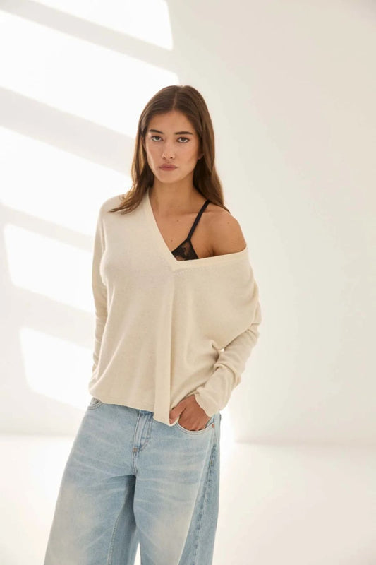 Stone V-Neck Cashmere Sweater - Warm White