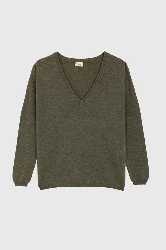 Stone V-Neck Cashmere Sweater - Olive