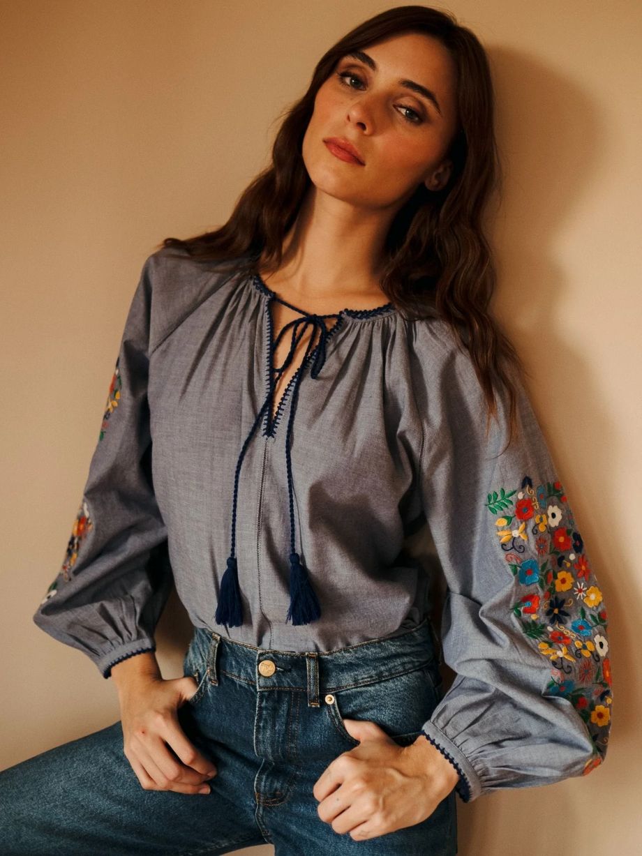 Mille Lara Embroidered Top - Chambray