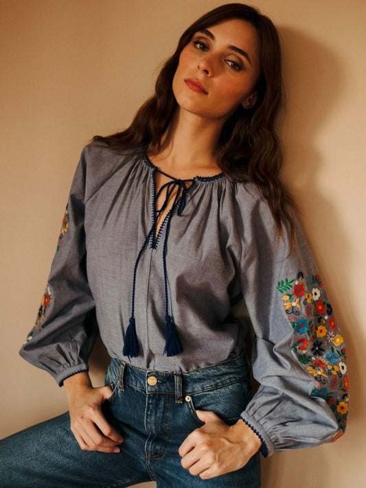 Mille Lara Embroidered Top - Chambray