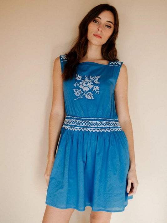Mille Vivi Embroidered Dress - Cerulean
