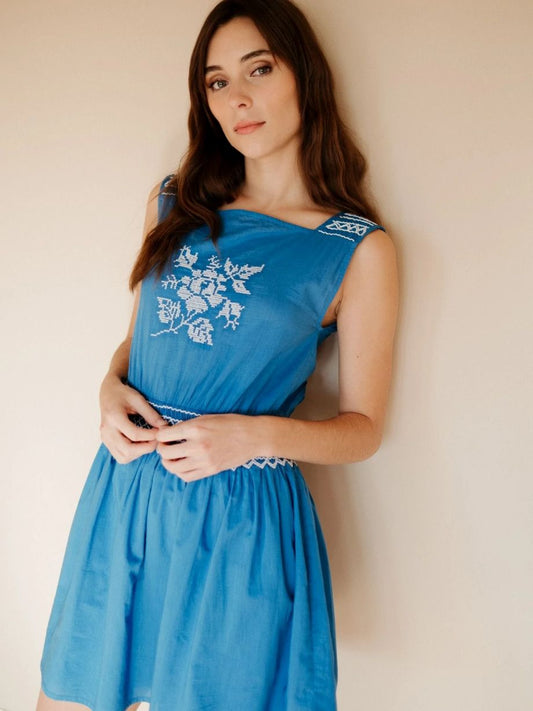 Mille Vivi Embroidered Dress - Cerulean