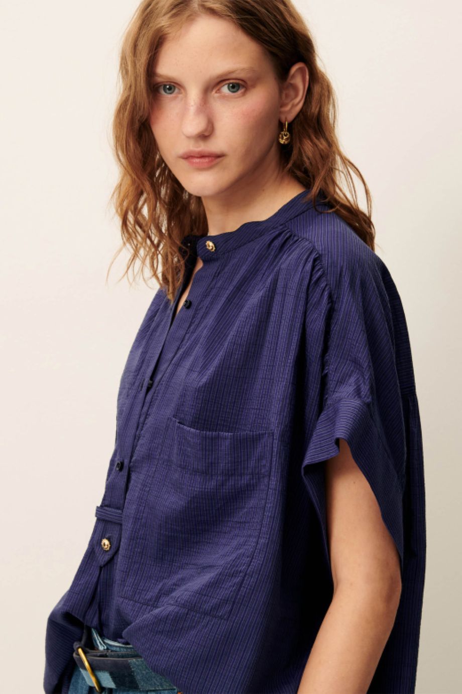 Sessun Camille Short Sleeve Blouse - Blue Emilenne