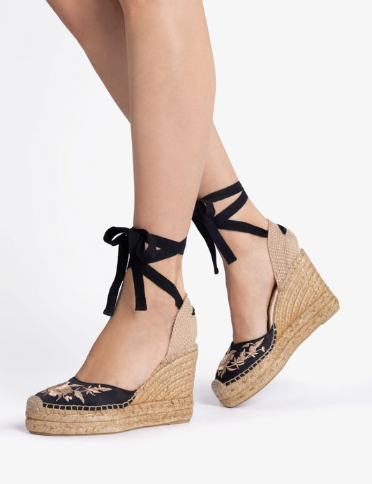 Penelope Chilvers High Gala Embroidered Satin Espadrille - Black