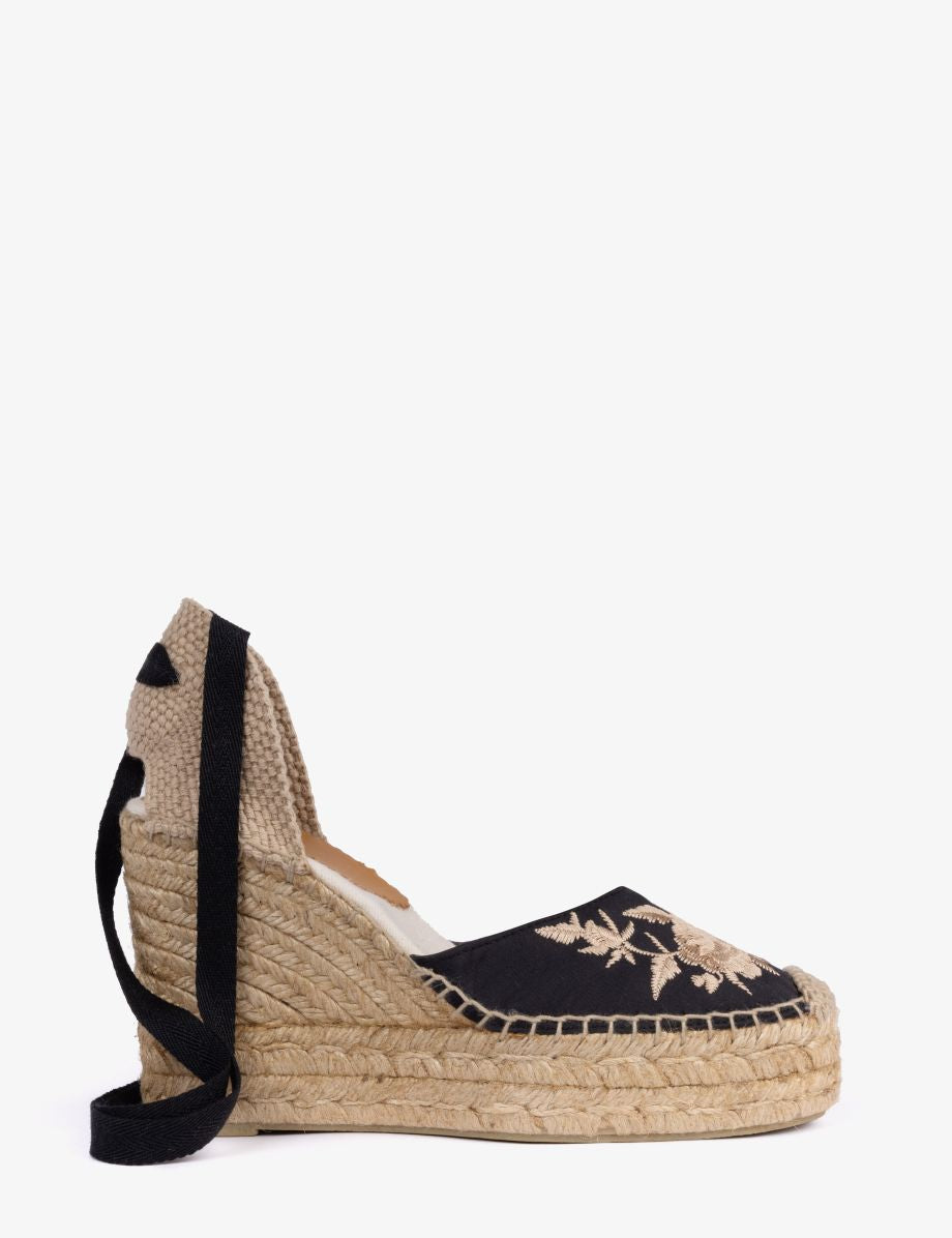 Penelope Chilvers High Gala Embroidered Satin Espadrille - Black
