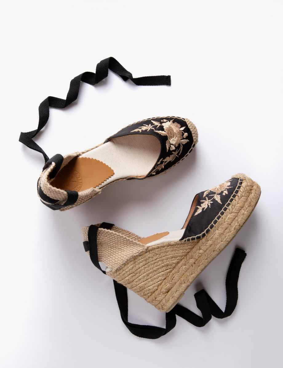 Penelope Chilvers High Gala Embroidered Satin Espadrille - Black