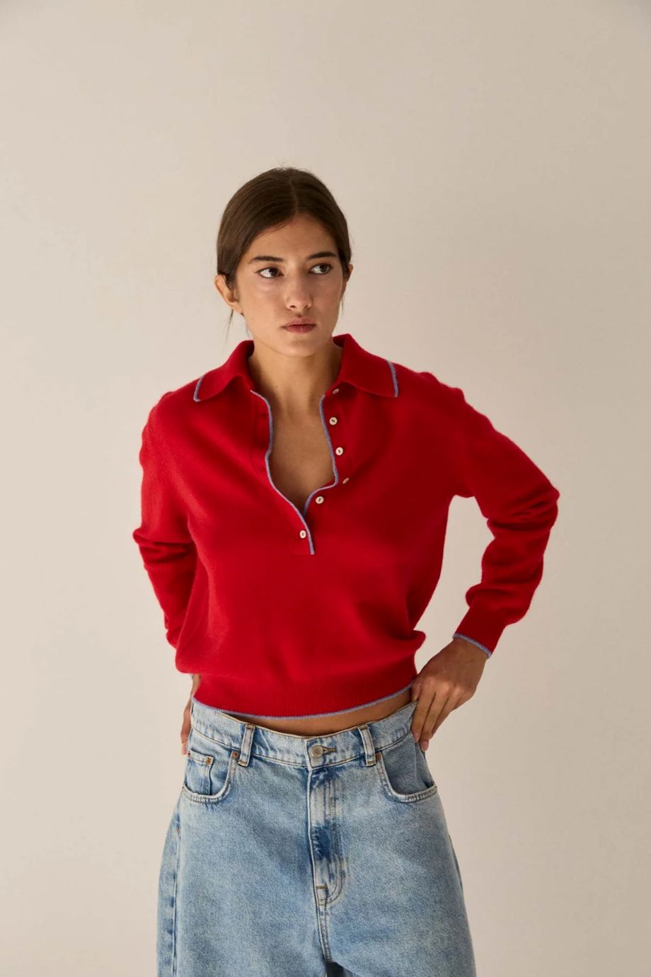 Stone Cashmere Polo Sweater - Red/Stonewash