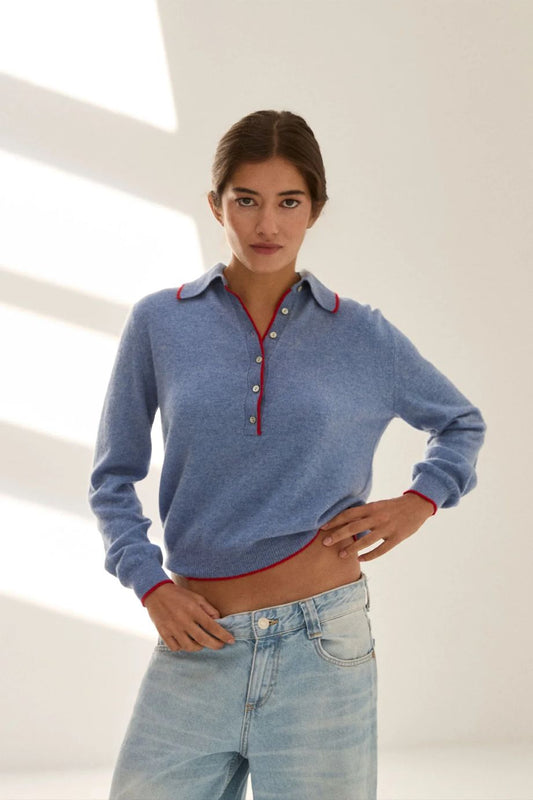 Stone Cashmere Polo Sweater - Stonewash/Red