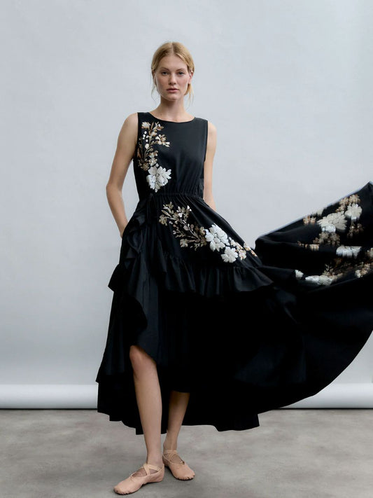 Psophia Embroidered Poplin Dress - Black
