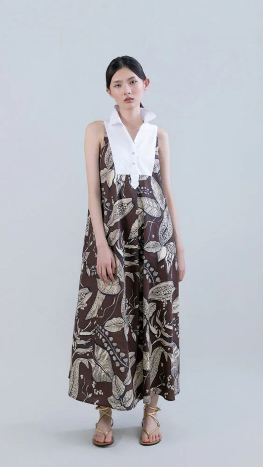 Psophia Retro Bloomleaf Sleeveless Yoke Dress - Chocolat