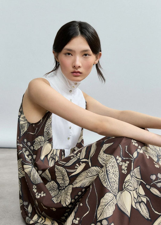 Psophia Retro Bloomleaf Sleeveless Yoke Dress - Chocolat